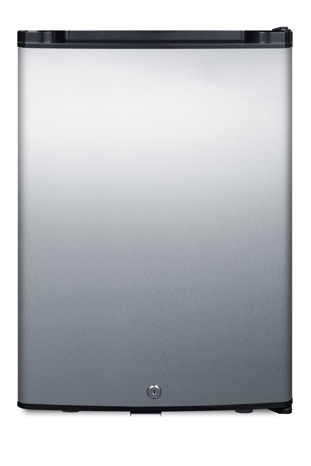 Compact minibar with reversible stainless steel door, front lock, and black cabinet